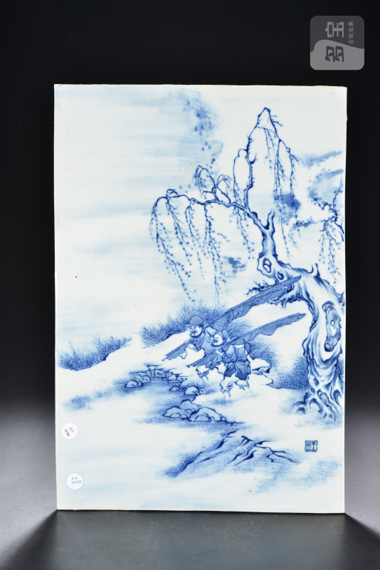 清 青花渔家乐图瓷板 - 图1